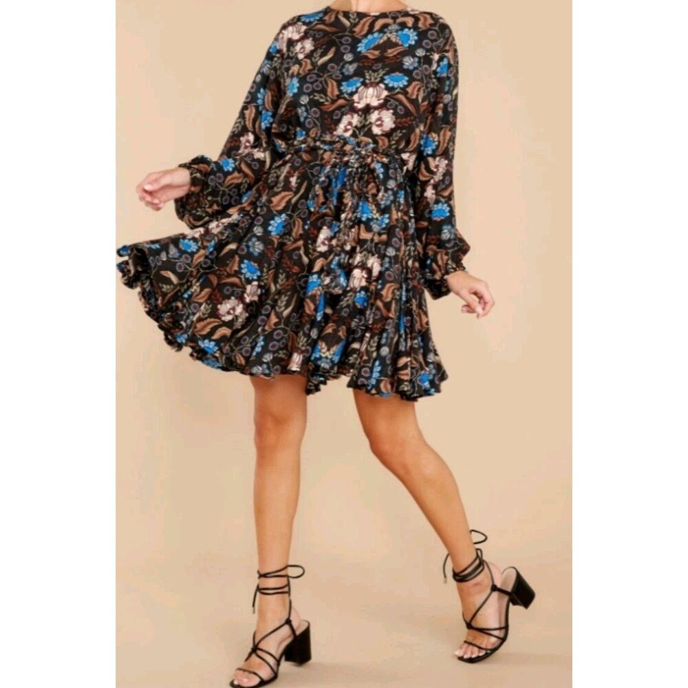 STORIA Dress Womens L Black Floral Blouson Balloon Sleeve Belted Ruffle Short